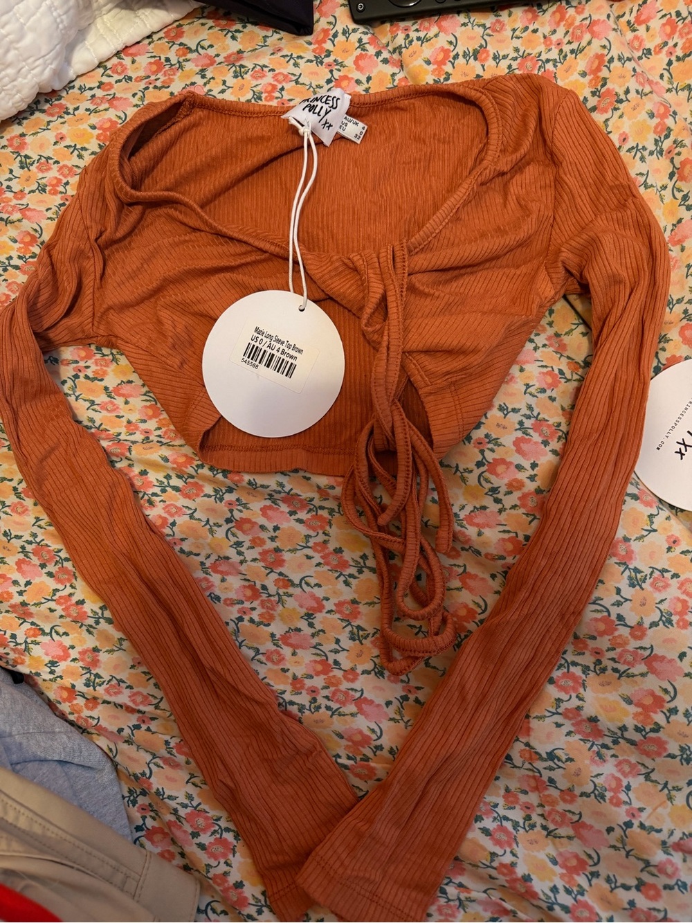 Princess Polly Rust Ribbed Tie-Front Long Sleeve Crop